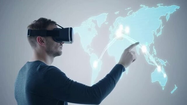 This shows a man using virtual reality goggles to interact with a glowing world map, representing a futuristic and innovative technology experience.