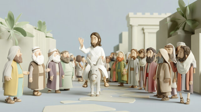 3D cartoon biblical scene depicting Jesus Christ riding a small donkey into Jerusalem, pastel colors, Christianity, Bible, religious story, illustration, God, faith, Catholicism, Orthodoxy, Easter