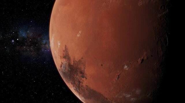 Orbiting mars planet surface detailed view in deep space with distant stars and nebulae