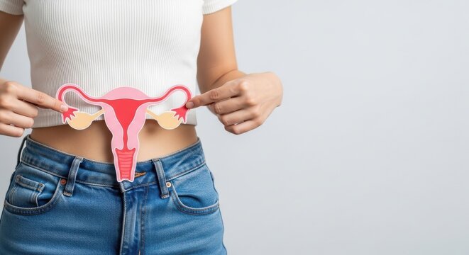Female reproductive system paper icon held over abdomen, woman holding uterus and ovaries anatomical model, gynecology and women health concept