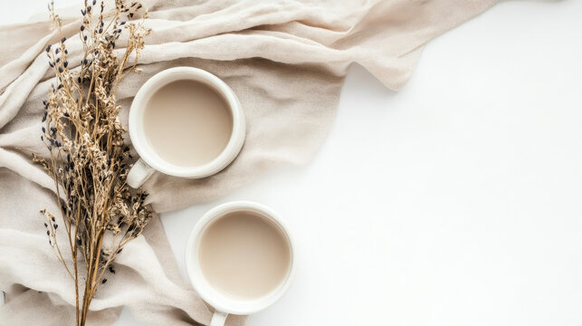 Two cups of beige coffee rest on a beige fabric with dried flowers, creating a calm, cozy autumnal scene
