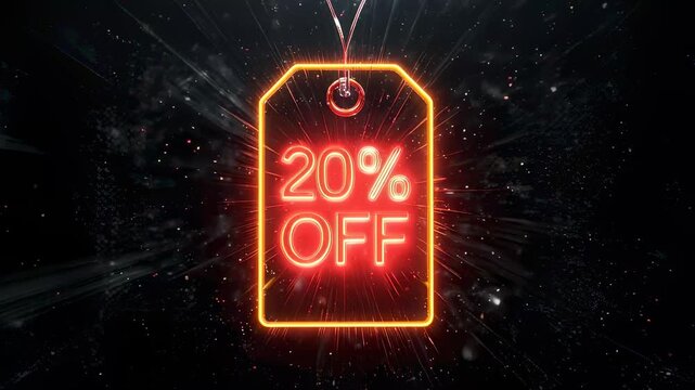 Glowing neon tag twenty percent off sale announcement with abstract dark background and particles