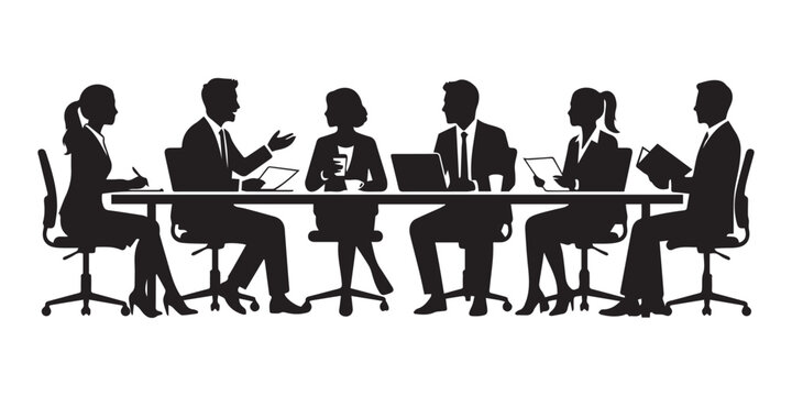 Minimalist, corporate, business, meeting, silhouette, team, discussion, office, professionals, collaboration, conference, workplace, vector, illustration, people, table.