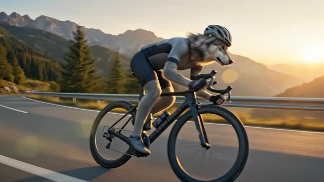 Anthro wolf cyclist riding a road bike on a winding mountain highway at sunset with scenic alpine peaks in the background