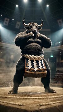 Powerful minotaur bull standing in a traditional sumo ring inside a dark arena with dramatic spotlights and dust