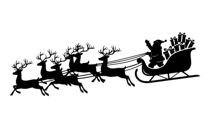 Flying Santa Claus sleigh with reindeer and presents vector silhouette Christmas graphic elements © Boloram