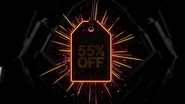 55 percent off glowing neon tag with exploding light streaks and particles in dark abstract