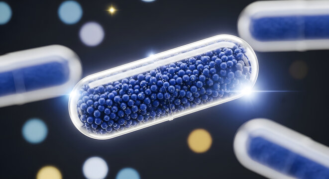 A blue capsule with smaller blue spheres inside