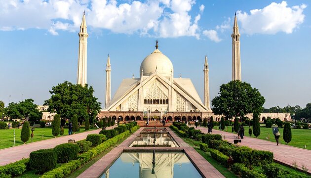 "Faisal Mosque, triangular hall, minarets, modern Islamic architecture, serene reflection, national identity, heritage, geometry, spirituality, resilience."