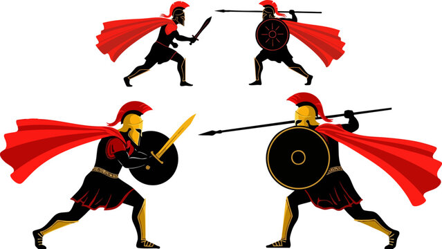 Ancient Spartan warriors in combat, Greek hoplite soldiers with red capes and shields, brave gladiators fighting with spears and swords vector set