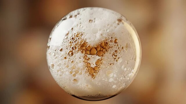 Coffee drink heart shape formed with bubbles in a spherical glass ring against a blurred background