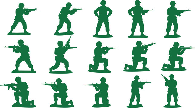 Green plastic toy soldiers silhouettes, military figures, combat stances, children playthings, army models, war poses, tactical positions, collectible figurines illustration