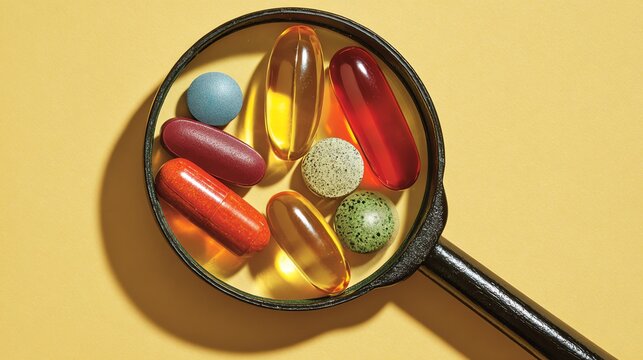 A close-up view of various colorful capsules and supplements under magnifying glass on a bright yellow background, highlighting the importance of vitamins in daily health.