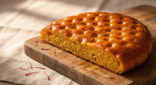 Kashmiri sheermal bread, saffron‑infused, slightly sweet, warm rich color, Traditional Kashmiri sheermal, saffron‑hued bread, slightly sweet, rustic