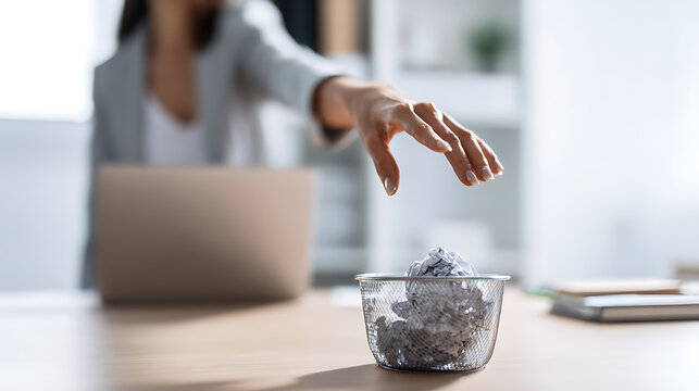 Professional worker discard crumpled paper into a desktop waste bin, symbolizing problem resolution and creative new ideas in a modern office setup