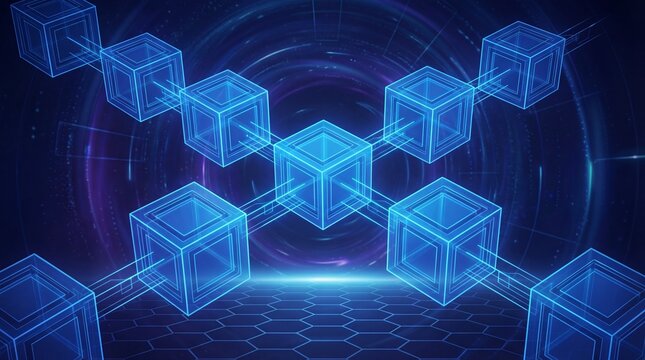Dynamic digital blockchain network illustration featuring interconnected glowing blue cubes in a futuristic abstract data environment, representing secure distributed technology