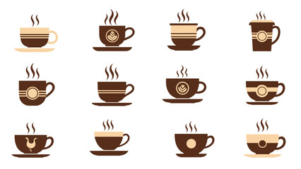 Fototapeta premium Large collection of diverse coffee cups and mugs featuring various latte art designs and rising steam in brown tones.