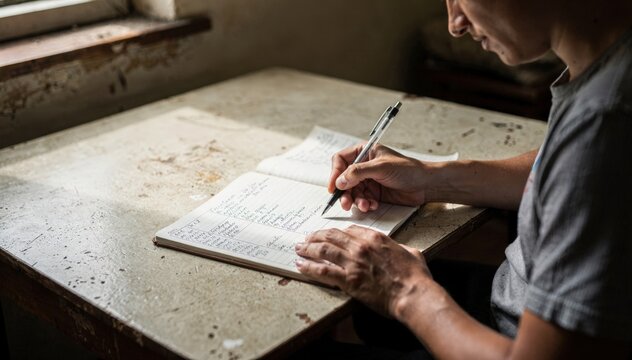 Medium shot of a lowbracket earner organizing financial plans on a notepad with the environment subtly blurred to highlight the notebook.