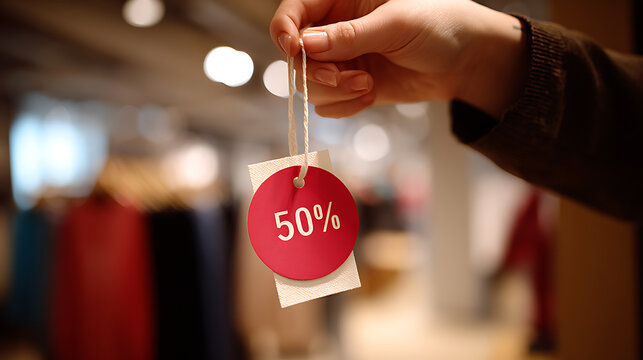 Hand hold discount tag with 50 percent off in retail store. Sale promotion in shopping mall. Concept for commerce, consumerism, and bargain
