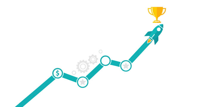 Rocket to success, growing business graph with trophy