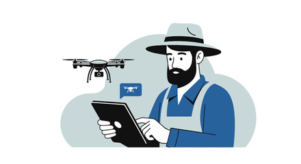 Farmer using tablet to control drone for precision agriculture on white background © malika