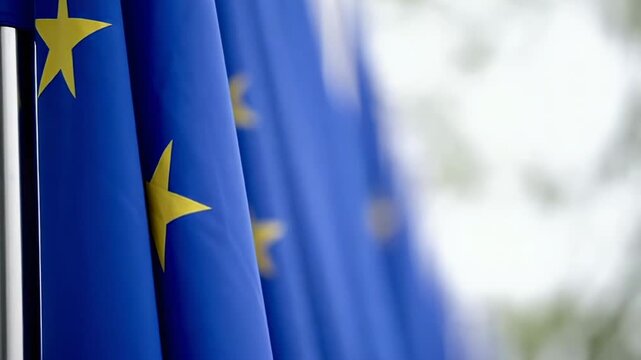 This features a close-up view of European Union flags lined up and waving gently in the breeze, set against a blurred background that suggests an outdoor setting with natural light.