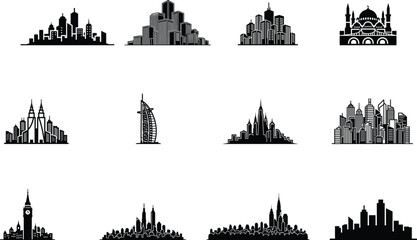Fototapeta premium city skylines from around the world in black silhouette on white background