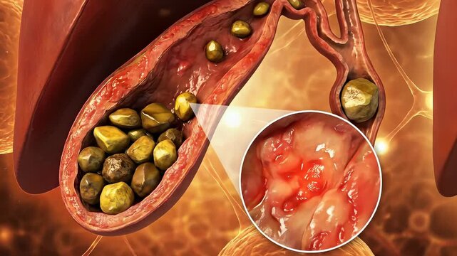 Gallbladder disease, cholelithiasis, gallstones obstructing bile ducts, internal organ inflammation, human digestive system anatomy, pathological medical condition, health problem