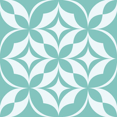 Fototapeta premium Vector seamless geometric pattern with mint green and white stars. Abstract Mediterranean tile design, symmetrical floral ornament for textile, wallpaper, and home decor