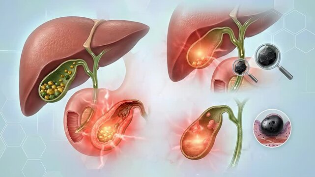 Showing human gallbladder disease, various stages of gallstone formation, cholelithiasis, inflammation, cholecystitis, digestive system pathology, health awareness