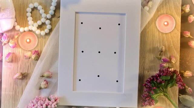 Wedding photo frame mockup with 9 tracking markers on wooden table with candles and flowers for easy motion tracking