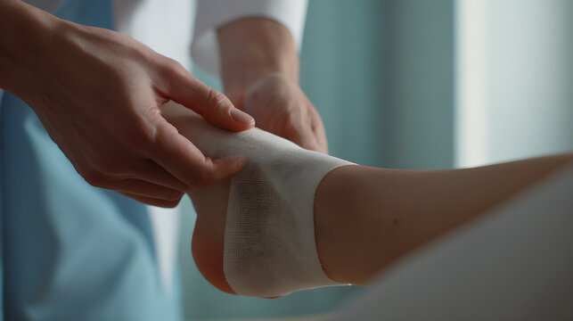 Medical professional apply bandage to patient foot in clinic setting close-up. Healthcare worker provide care, recovery, therapy to person leg