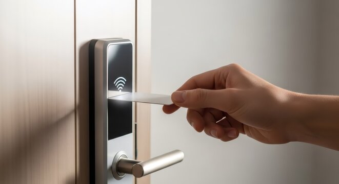 Hand holding room key card to unlock smart door lock. Electronic access control system at hotel. Security technology for modern lifestyle and touchless entry. Household building automation.