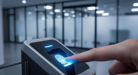 Fototapeta premium Man pressing finger on biometric fingerprint scanner for access control. Secure identification system for office entry. Digital technology for data protection and hardware security.
