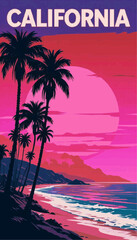 Obraz premium California travel poster, bold 'CALIFORNIA' typography on top, retro 70s font, sunset colours, palm trees and coastline, minimalist vector style, high contrast.