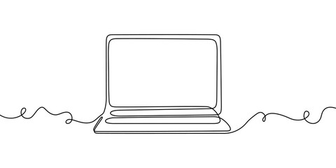 Continuous one line laptop screen computer office work art pc outline illustration. Laptop one line doodle notebook single desktop typing business icon monitor digital email data technology network. © Максим Зайков