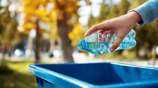 Hand of an unrecognizable person dropping a plastic bottle into a blue recycling bin in a park with trees and blurred cars in the background