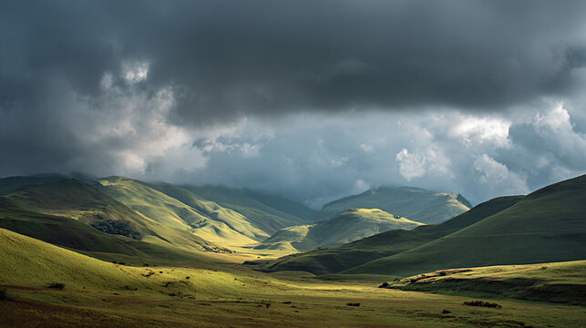 Vast landscape with dark winter clouds parting to reveal sunlight illuminating rolling green hills and valleys under a dramatic sky in a mountainous region