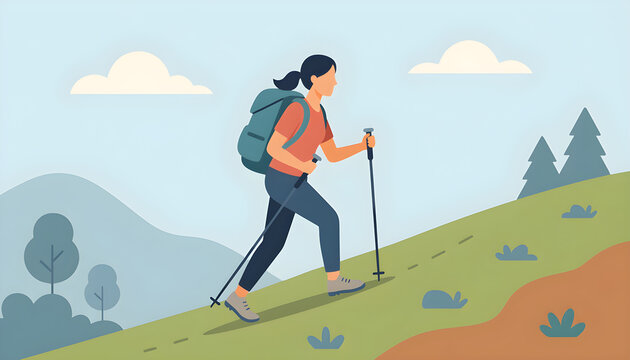 Woman enjoying outdoor activity, trekking uphill on a trail in a natural landscape, wearing a backpack and using hiking poles for support and exercise
