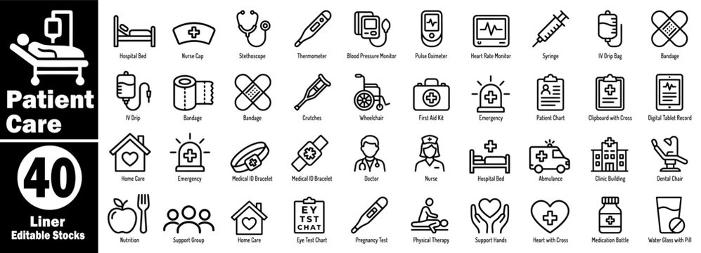Patient care liner icons set. Hospital bed and nurse cap. medical equipment like a stethoscope and thermometer. Health devices editable stocks vector illustration.