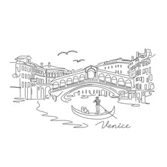 Venice cityscape panorama with the old town, canal, and gondola with gondolier in Italy. Flat vector single line illustration for print isolated on white background. © Higher than clouds