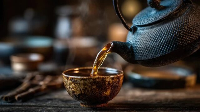 tea pouring from a ceramic teapot into a cup, Japanese tea ceremony, teahouse cafe, black tea, green tea, traditional tableware, Japan, porcelain bowl