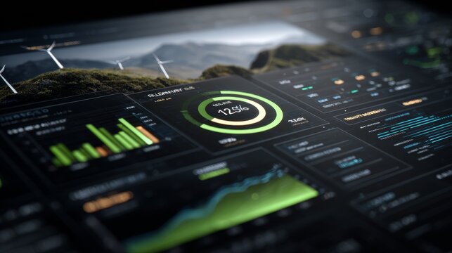 Data dashboard shows renewable energy statistics in real time with various graphs and charts displayed on a dark background