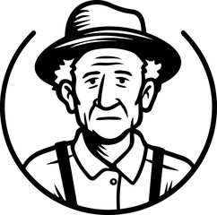 Obraz premium Hand Drawn Elderly Farmer Man Black and White Illustration in Minimal Solid Art Style Design