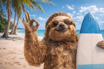 Fototapeta premium Funny Sloth with Surfboard on Tropical Beach Summer Vacation Travel Concept