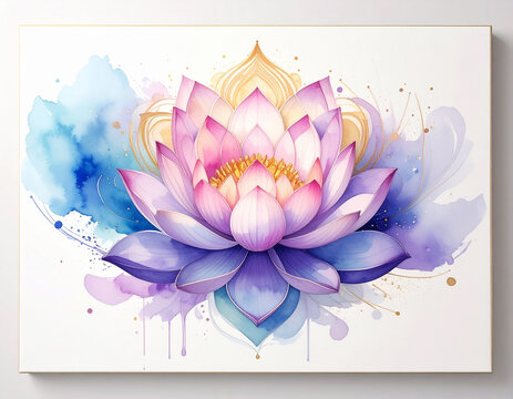 Vibrant watercolor lotus bloom featuring elegant gold accents and dynamic paint splatters, evoking a sense of tranquility and spiritual beauty
