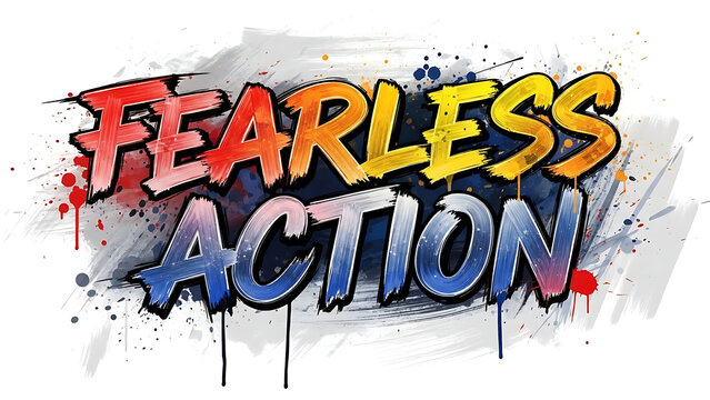 Bold red and blue brush stroke text fearless action on textured background