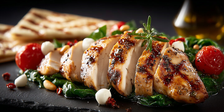 Grilled chicken breast with spinach and cherry tomatoes