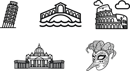 Fototapeta na wymiar Venice and Rome landmarks with carnival mask Italian travel icons