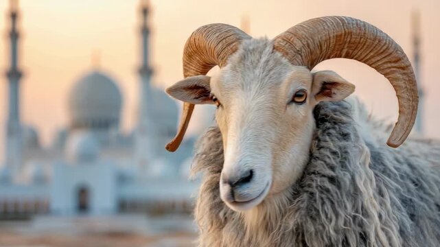 a ram with beautiful silky wool on a blurred background of a mosque in an Arab city, Eid al-Adha, a Muslim holiday, May 27, Islam, sacred animal, sheep, lamb, goat
